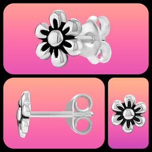 New Primrose Sterling Silver Flower Stud Earrings 8mm Oxidized Floral Post